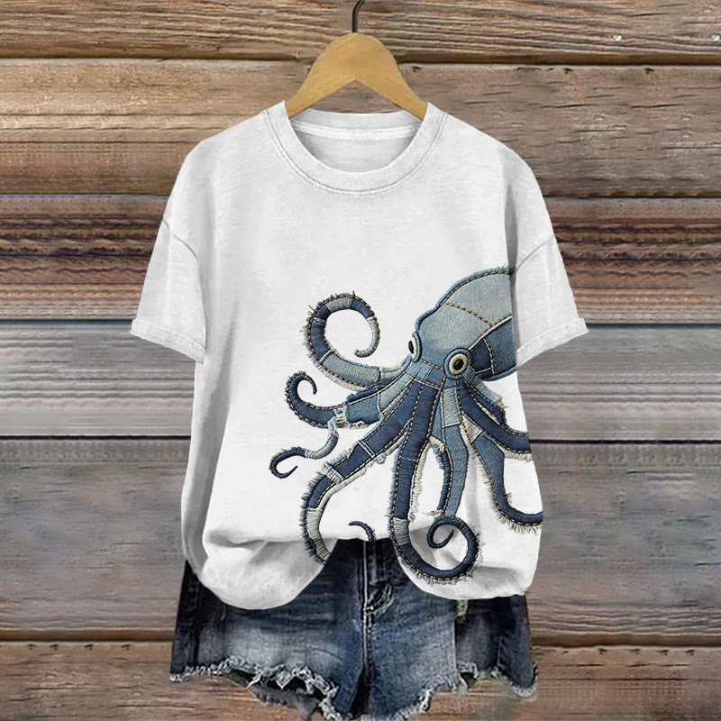 Vintage Ocean Octopus Art Pattern Print Short Sleeved Round Neck Cotton T-shirt - White - US28-30(4XL) - image 1