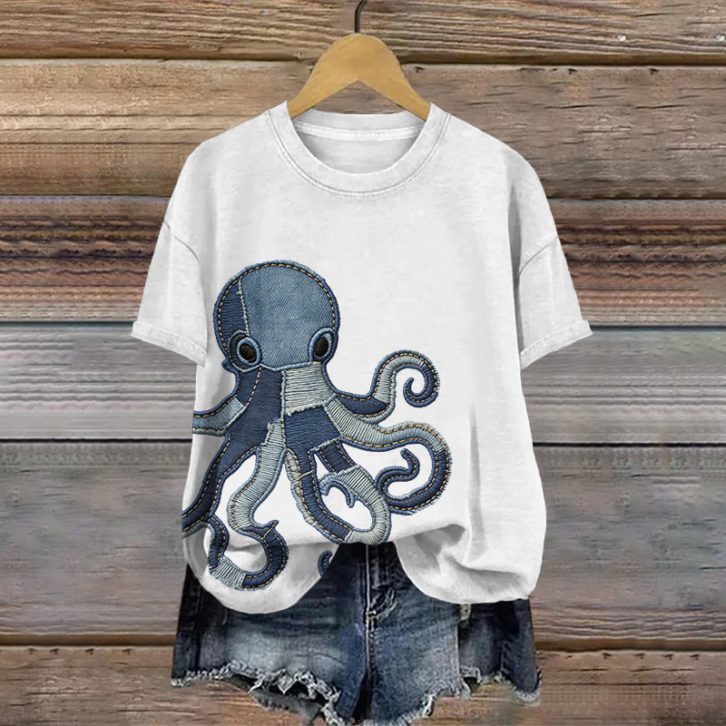 Vintage Octopus Art Pattern Print Short Sleeved Round Neck Cotton T-shirt - White - US28-30(4XL) - image 1