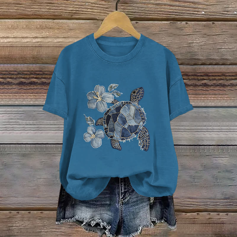 Vintage Turtle Flowers Art Pattern Print Short Sleeved Round Neck Cotton T-shirt - Blue - US28-30(4XL) - image 2