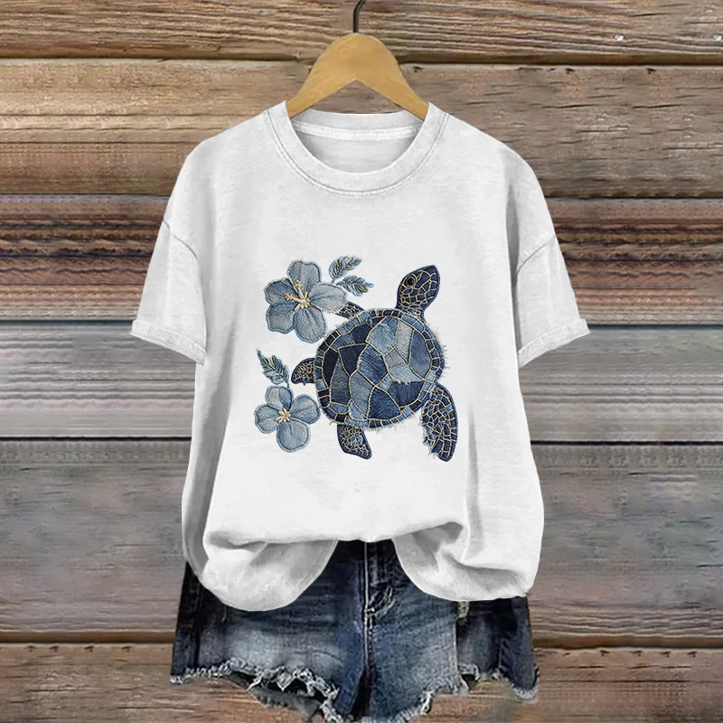 Vintage Turtle Flowers Art Pattern Print Short Sleeved Round Neck Cotton T-shirt - White - US28-30(4XL) - image 1