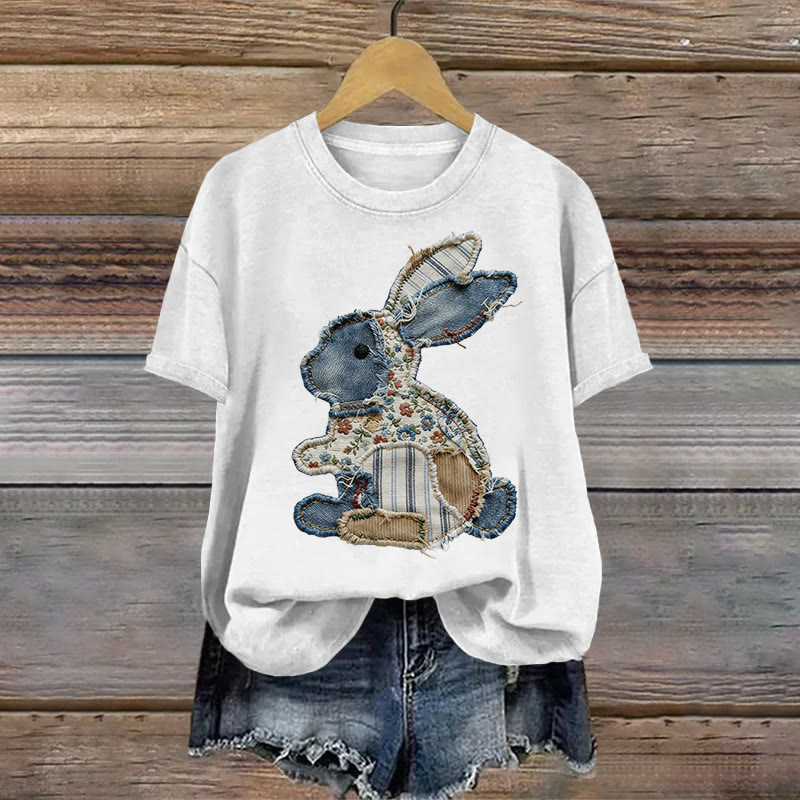 Vintage Easter Bunny Geometry Art Pattern Print Short Sleeved Round Neck Cotton T-shirt - White - US28-30(4XL) - image 1