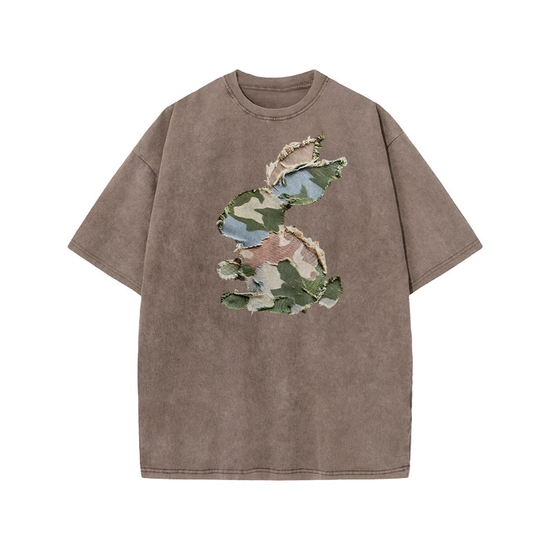 Unisex Easter Camouflage Bunny Irregular Pattern Pattern Art Print Acid Washed T-shirt - Coffee - US20-22(3XL) - image 1