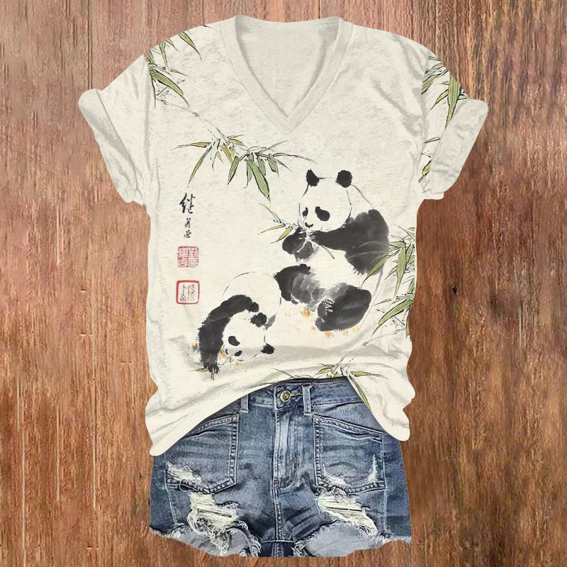 Cute Pandas And Bamboo Pattern Print Short Sleeved V-neck T-shirt - Apricot - US32-34(5XL) - image 1