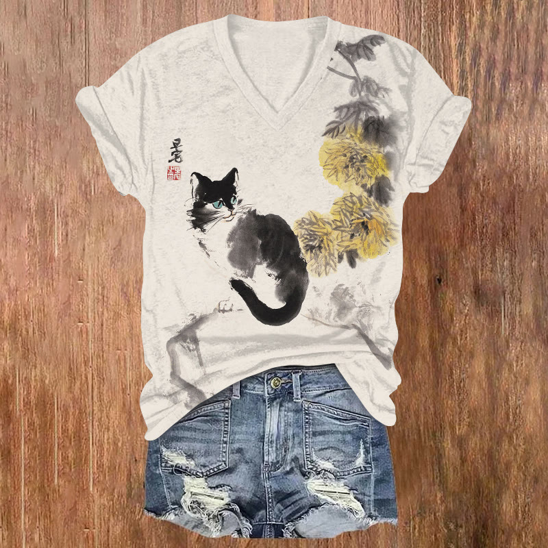 Oriental Classical Cat And Chrysanthemum Ink Painting Pattern Print Short Sleeved V-neck T-shirt - Apricot - US32-34(5XL) - image 1