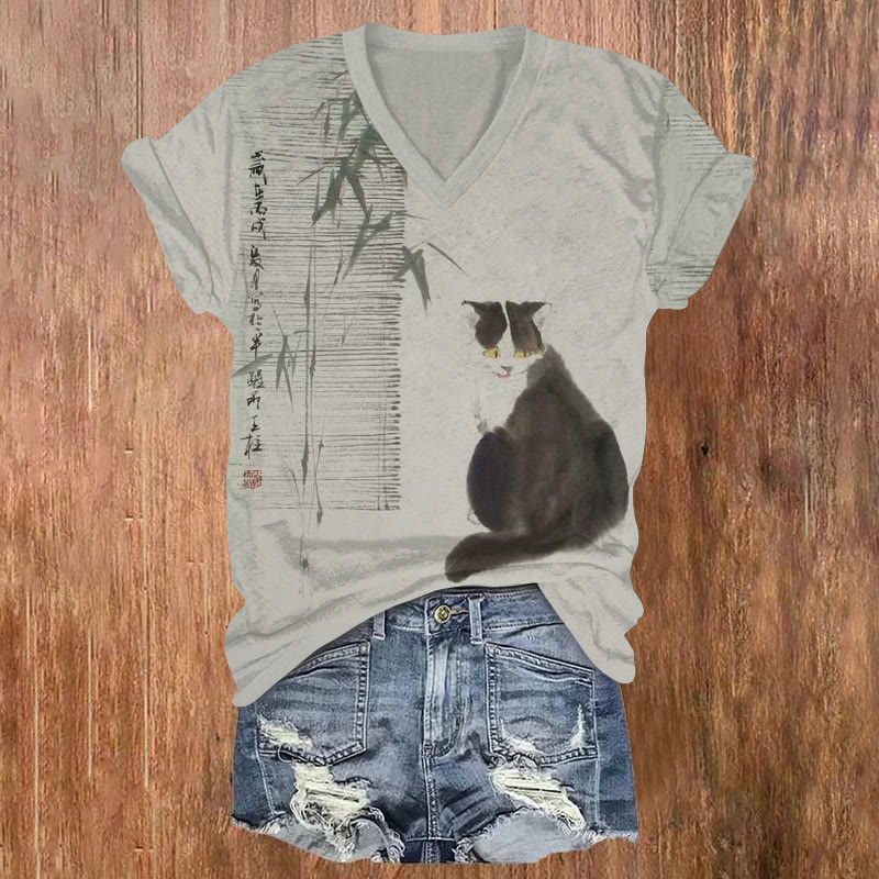 Retro Kitty Ink Painting Pattern Print Short Sleeved V-neck T-shirt - Warm Grey - US32-34(5XL) - image 2