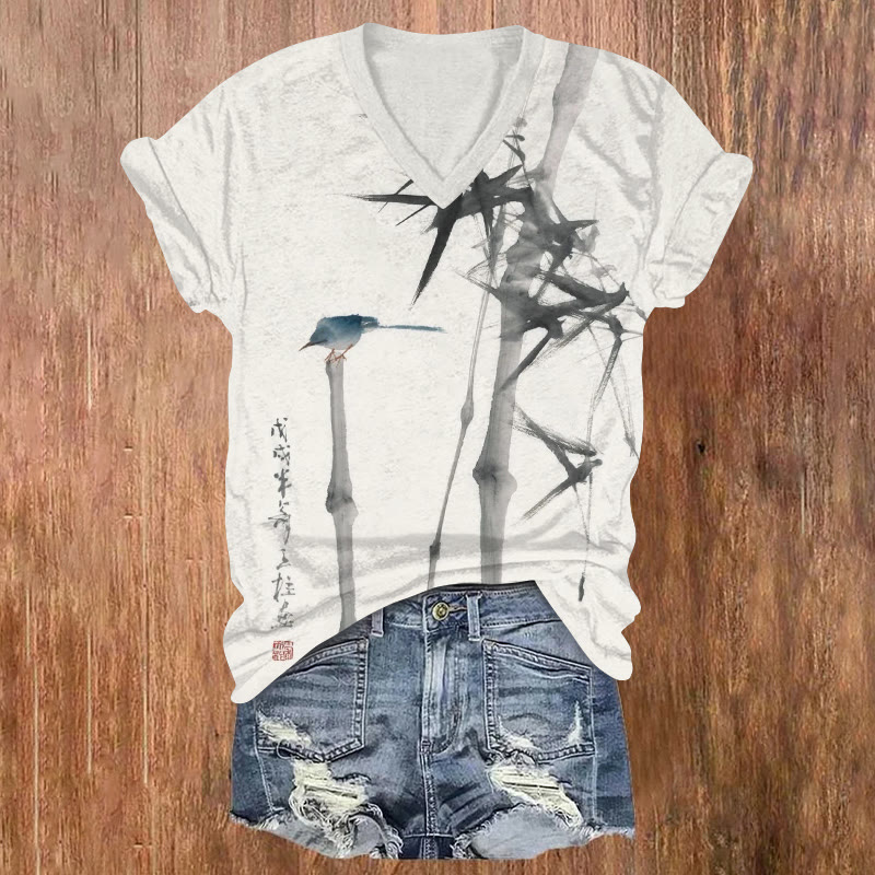 Vintage Bamboo And Bird Ink Painting Pattern Print Short Sleeved V-neck T-shirt - Apricot - US32-34(5XL) - image 1