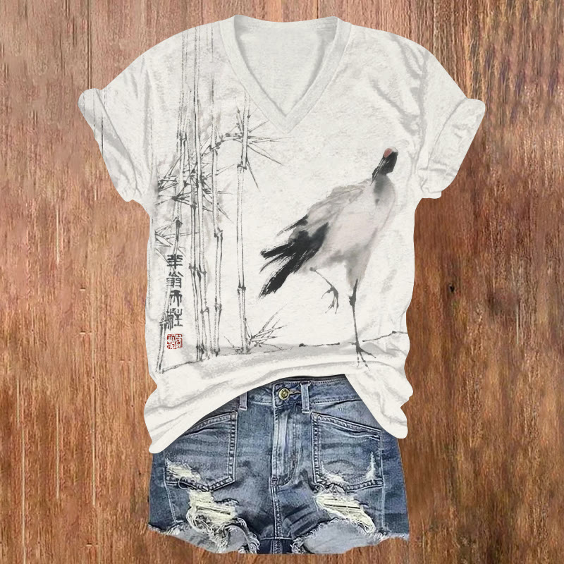 Vintage Crane And Bamboo Ink Painting Pattern Print Short Sleeved V-neck T-shirt - Apricot - US32-34(5XL) - image 1