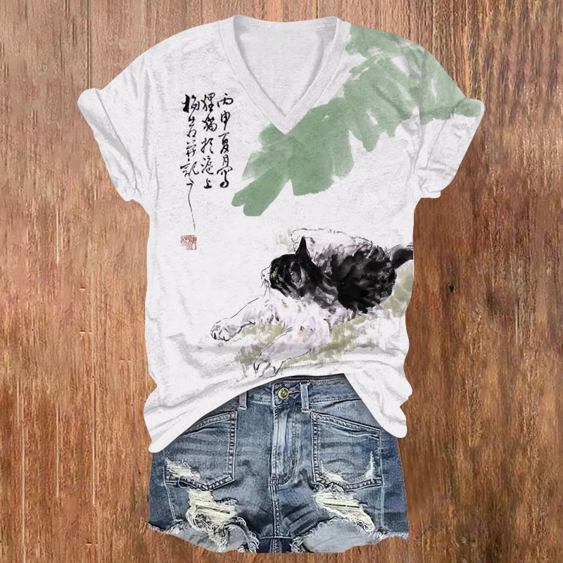 Vintage Lazy Cat Ink Painting Pattern Print Short Sleeved V-neck T-shirt - White - US32-34(5XL) - image 1