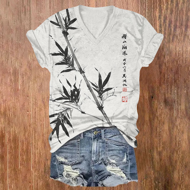 Vintage Bamboo And Poetry Ink Painting Pattern Print Short Sleeved V-neck T-shirt - Black - US32-34(5XL) - image 2