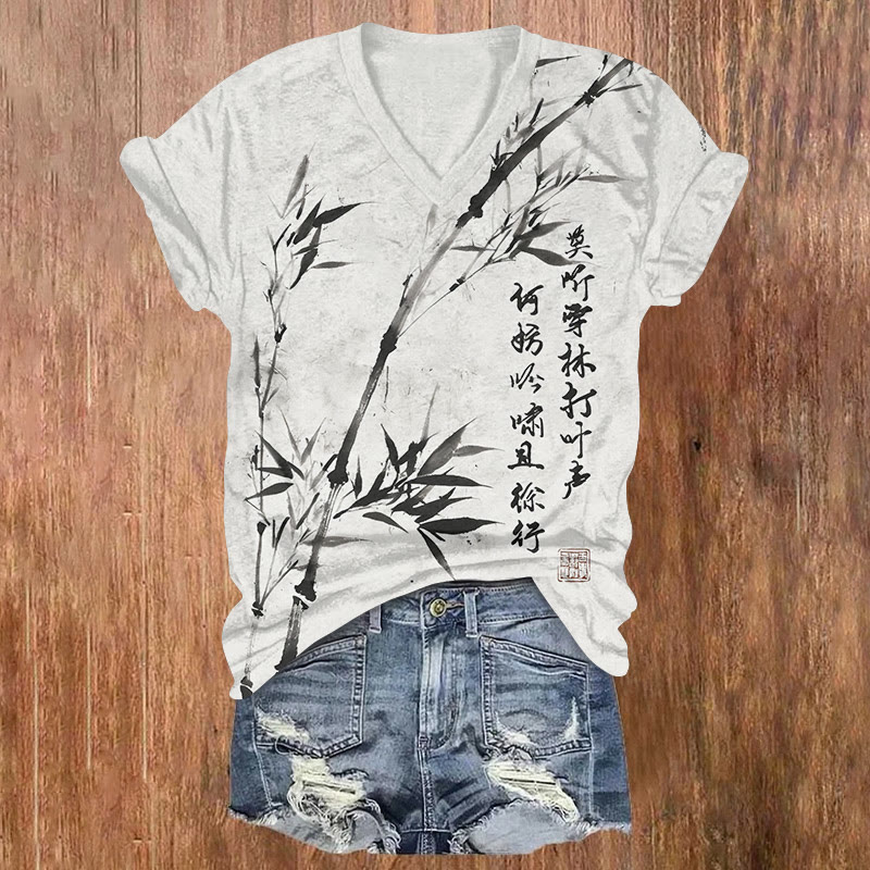 Vintage Zen-inspired Bamboo And Ink Paintings Pattern Print Short Sleeved V-neck T-shirt - Black - US32-34(5XL) - image 2