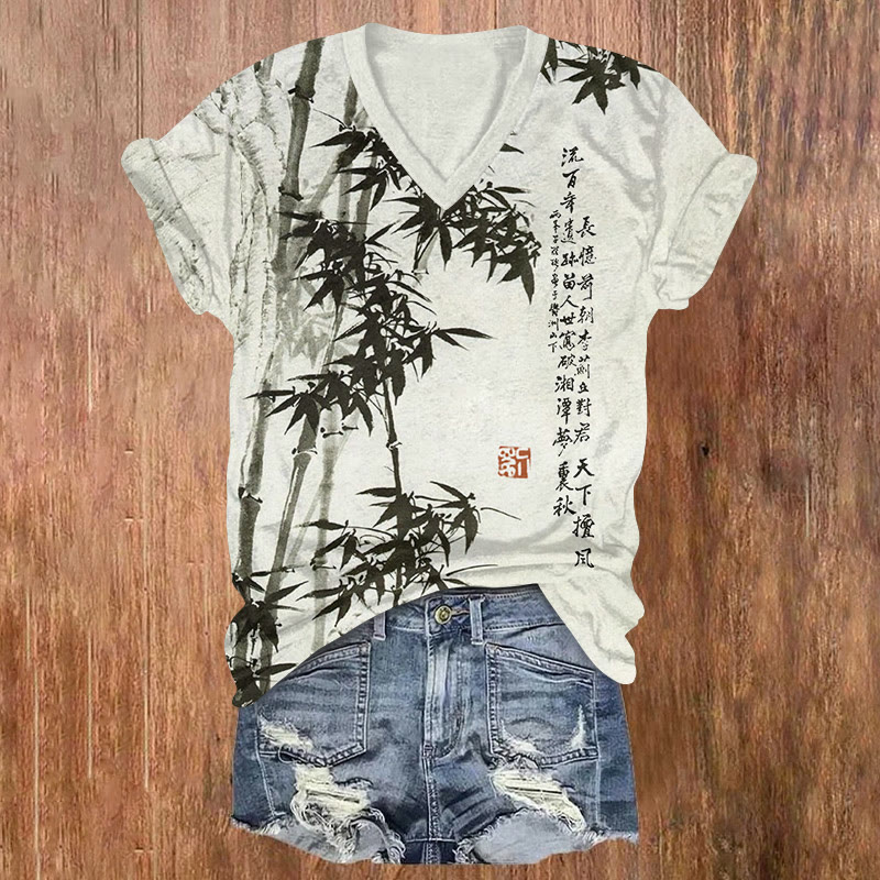 Vintage Bamboo And Poetry Paintings Pattern Print Short Sleeved V-neck T-shirt - Apricot - US32-34(5XL) - image 3