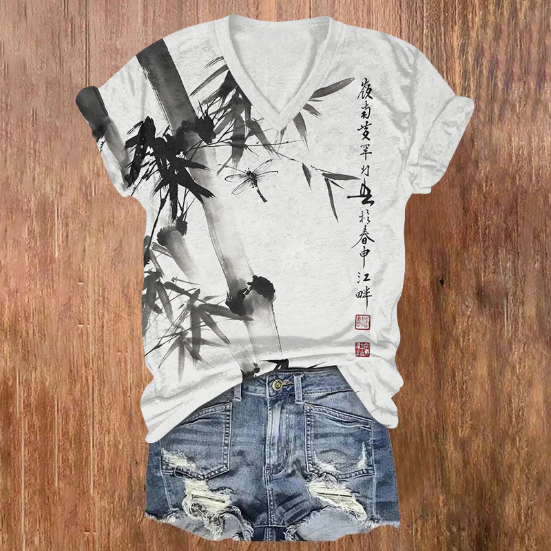 Vintage Bamboo And Dragonfly Ink Painting Pattern Print Short Sleeved V-neck T-shirt - Black - US32-34(5XL) - image 2
