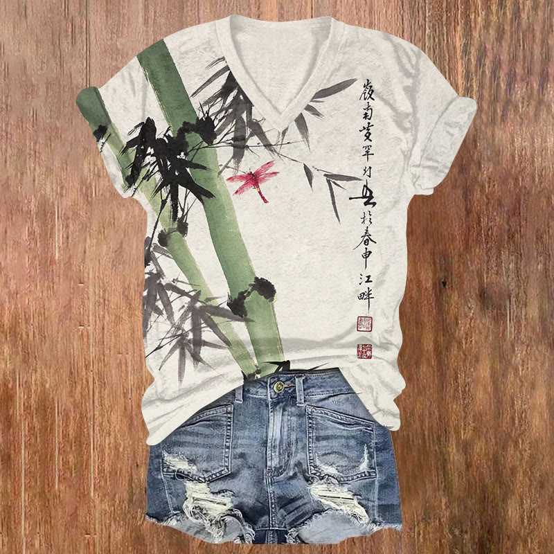 Vintage Bamboo And Dragonfly Ink Painting Pattern Print Short Sleeved V-neck T-shirt - Green - US32-34(5XL) - image 1