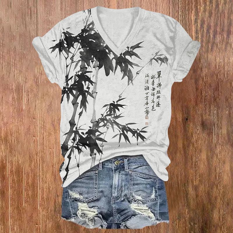 Vintage Zen-inspired Bamboo Ink Painting Pattern Print Short Sleeved V-neck T-shirt - Black - US32-34(5XL) - image 2