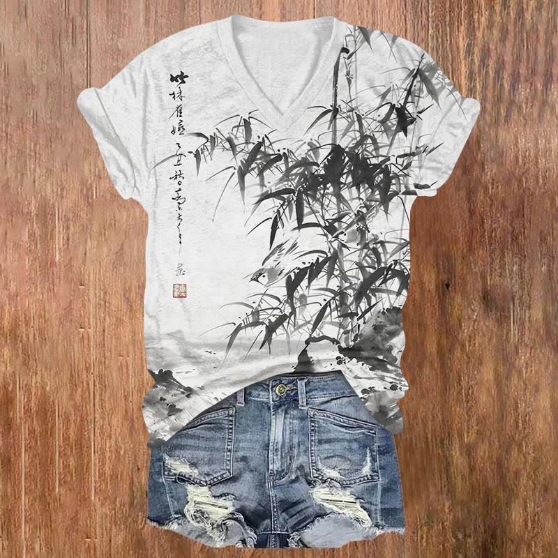 Vintage Bamboo Pond Ink Painting Pattern Print Short Sleeved V-neck T-shirt - Black - US32-34(5XL) - image 2