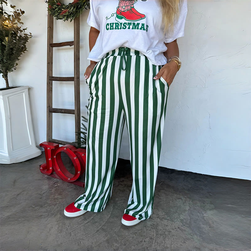 Women's Loose Casual Striped Print Straight Leg Pants - Green - 2XL - image 1