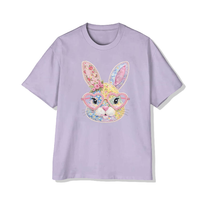 Easter Glasses Bunny Garden Flowers Print Pattern Cotton Print T-shirt - Light Purple - US16-18(2XL) - image 1