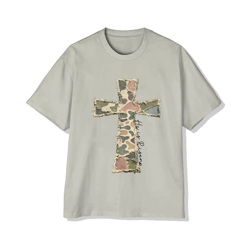 Christian He Is Risen Camouflage Cross Print Pattern Cotton Print T-shirt - Warm Grey - US16-18(2XL) - image 2
