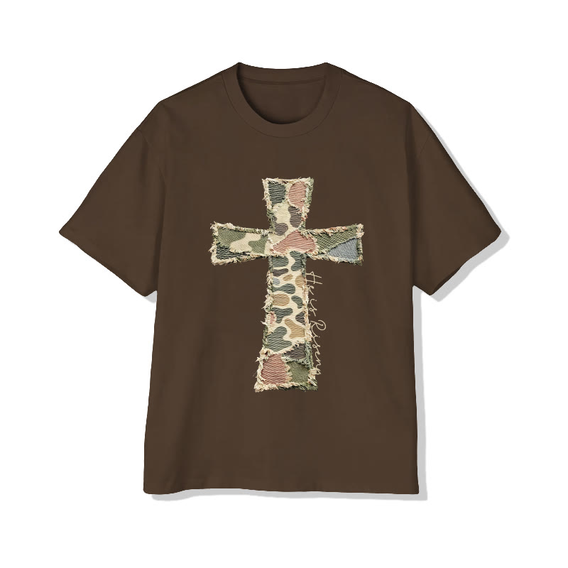 Christian He Is Risen Camouflage Cross Print Pattern Cotton Print T-shirt - Coffee - US16-18(2XL) - image 6