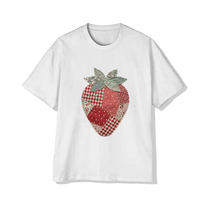 Pastoral Strawberry Print Pattern Cotton Print T-shirt - White - US16-18(2XL) - image 1