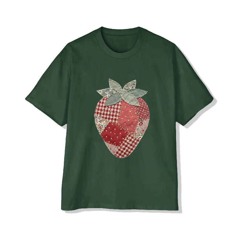 Pastoral Strawberry Print Pattern Cotton Print T-shirt - Green - US16-18(2XL) - image 6