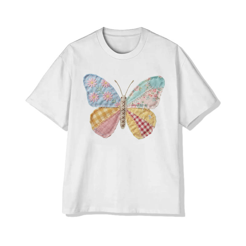  Pastoral Butterfly Floral Pattern Print Pattern Cotton Print T-shirt - White - US16-18(2XL) - image 1