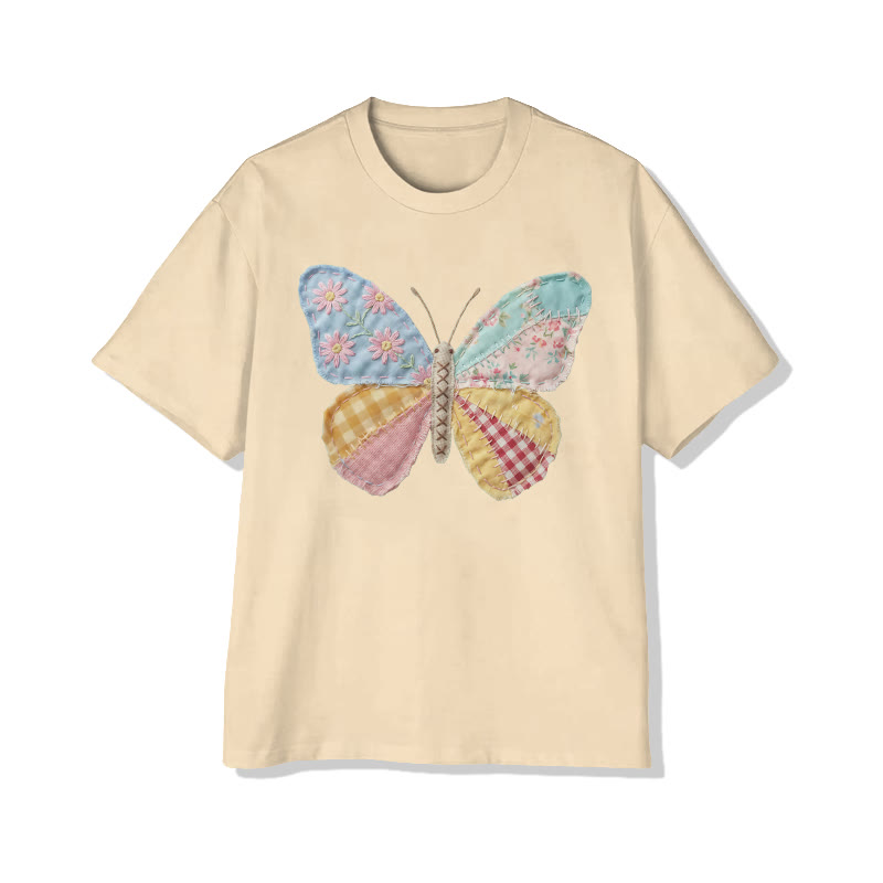 Pastoral Butterfly Floral Pattern Print Pattern Cotton Print T-shirt - Apricot - US16-18(2XL) - image 8