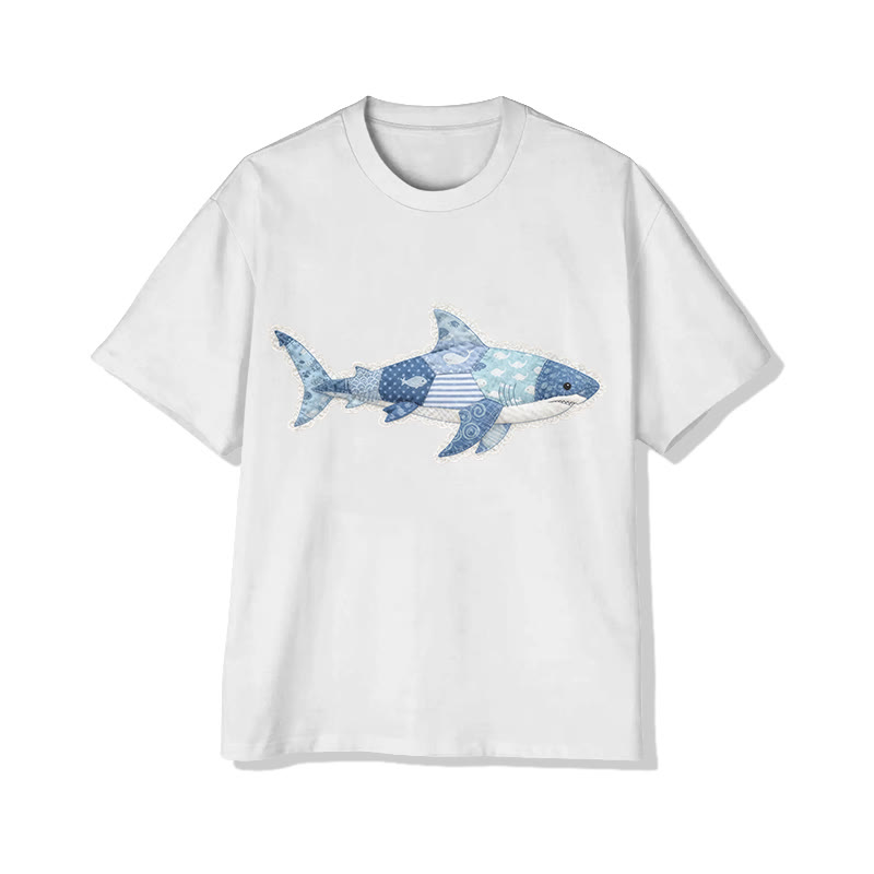 Ocean Shark Art Lace pattern Print Pattern Cotton Print T-Shirt - White - US16-18(2XL) - image 9