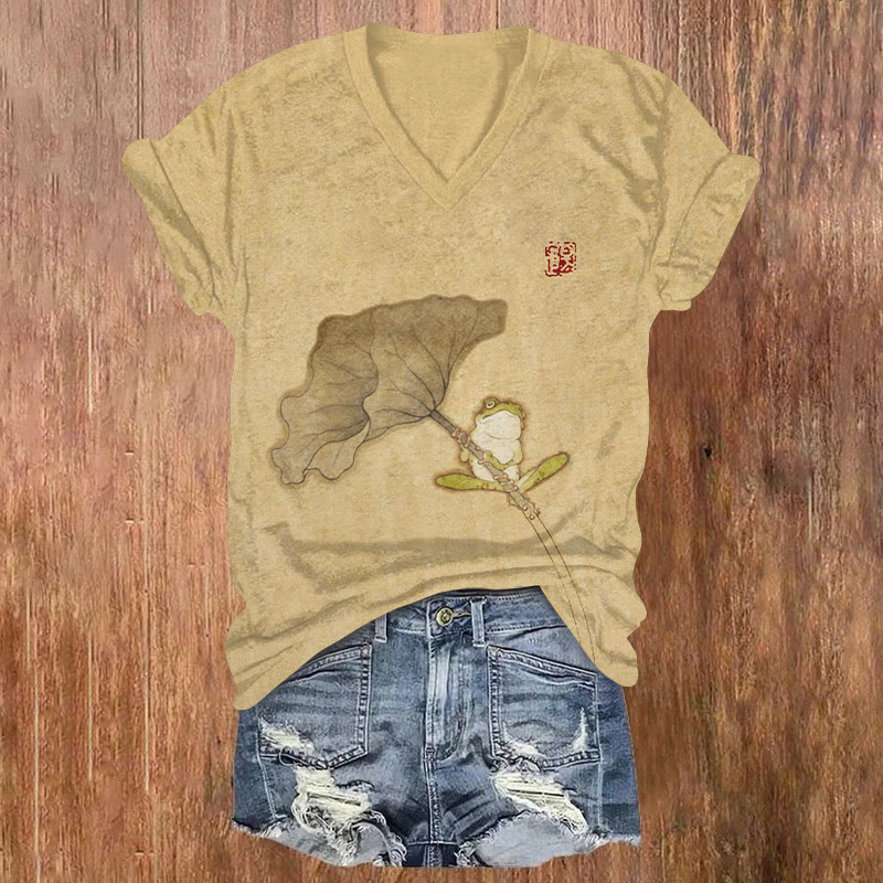 Japanese Ukiyo-e Lotus Leaf Frog Pattern Print Short Sleeved V-neck T-shirt - Apricot - US32-34(5XL) - image 1