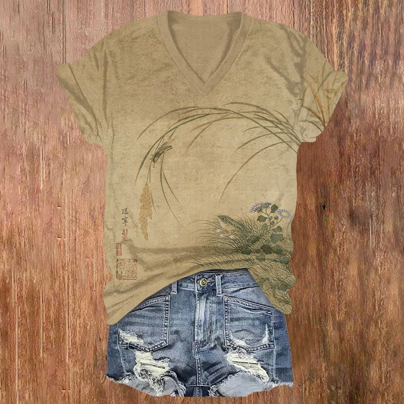 Japanese Ukiyo-e Frogs And Insects Pattern Print Short Sleeved V-neck T-shirt - Apricot - US32-34(5XL) - image 1