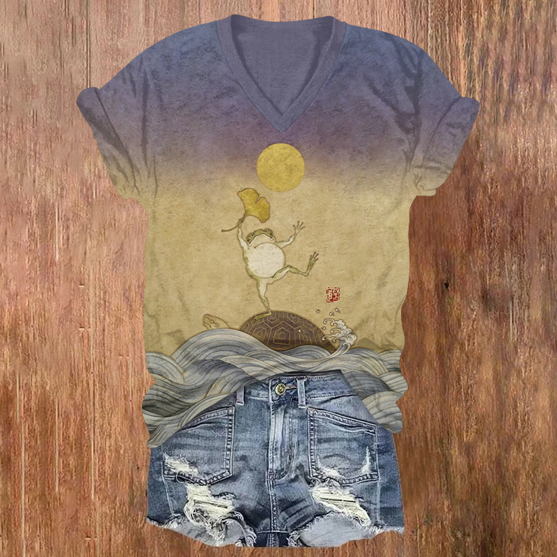 Japanese Ukiyo-e Frogs Dancing On Turtles Pattern Print Short Sleeved V-neck T-shirt - Purple - US32-34(5XL) - image 1