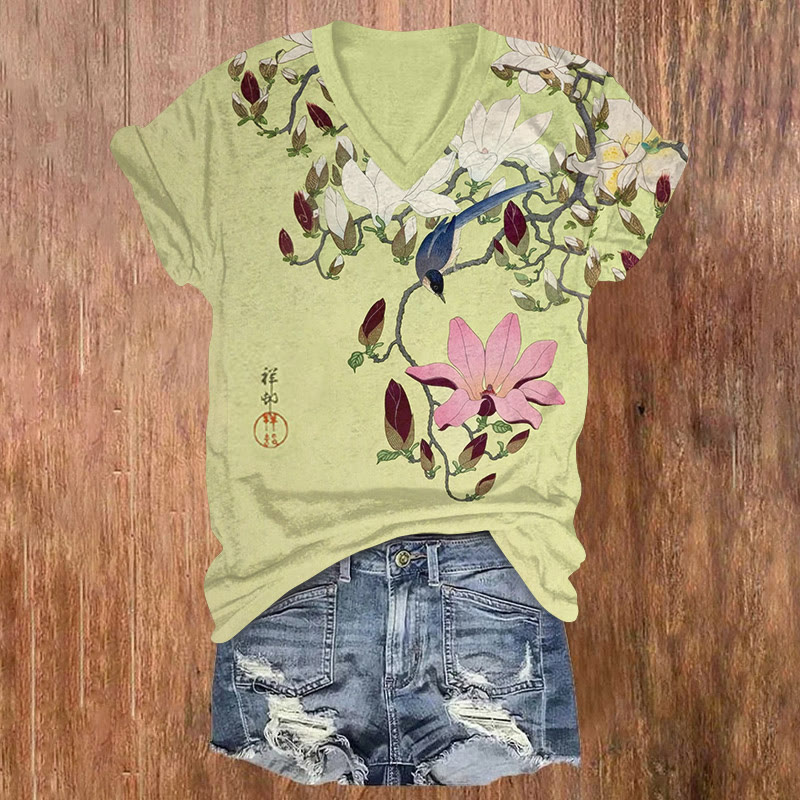 Japanese Vintage Magnolia And Bird Pattern Print Short Sleeved V-neck T-shirt - Light Green - US32-34(5XL) - image 1
