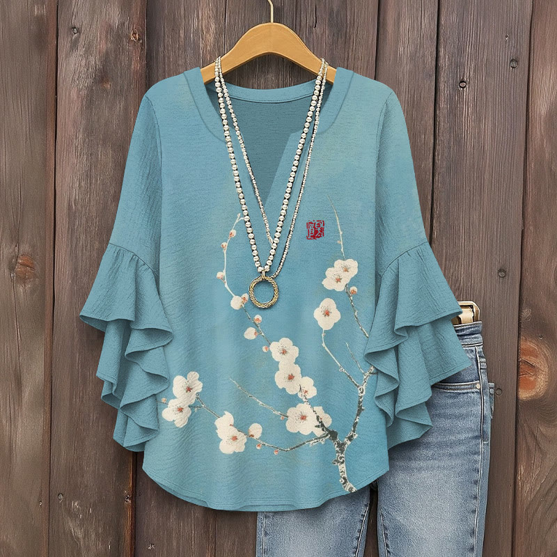 Vintage Cherry Blossom Prints Pattern Ink Print V-neck Half Sleeve Blouse - Light Blue - 5XL - image 1