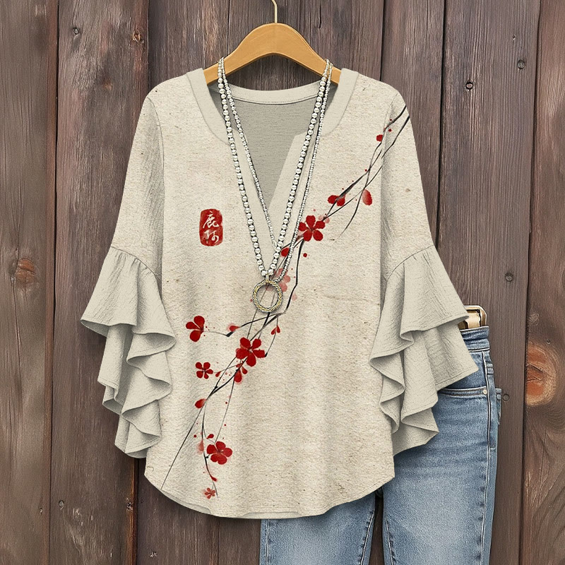 Vintage A Red Plum Prints Pattern Ink Print V-neck Half Sleeve Blouse - Apricot - 5XL - image 1