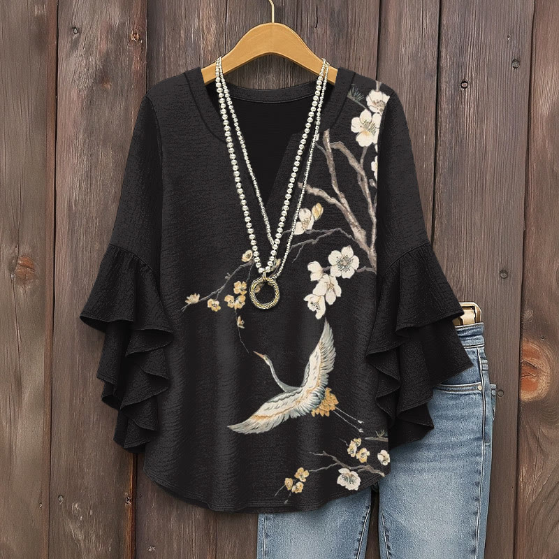 Vintage Japanese Sakura Crane Prints Pattern Ink Print V-neck Half Sleeve Blouse - Black - 5XL - image 1