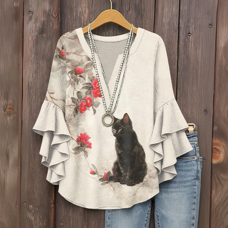 Vintage Black Cat And Camellia Prints Prints Pattern Ink Print V-neck Half Sleeve Blouse - Apricot - 5XL - image 1