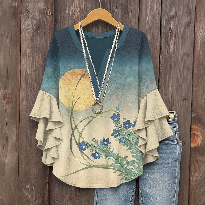 Japanese Vintage Full Moon And Bellflower Gradient Prints Prints Pattern Ink Print V-neck Half Sleeve Blouse - Blue - 5XL - image 1