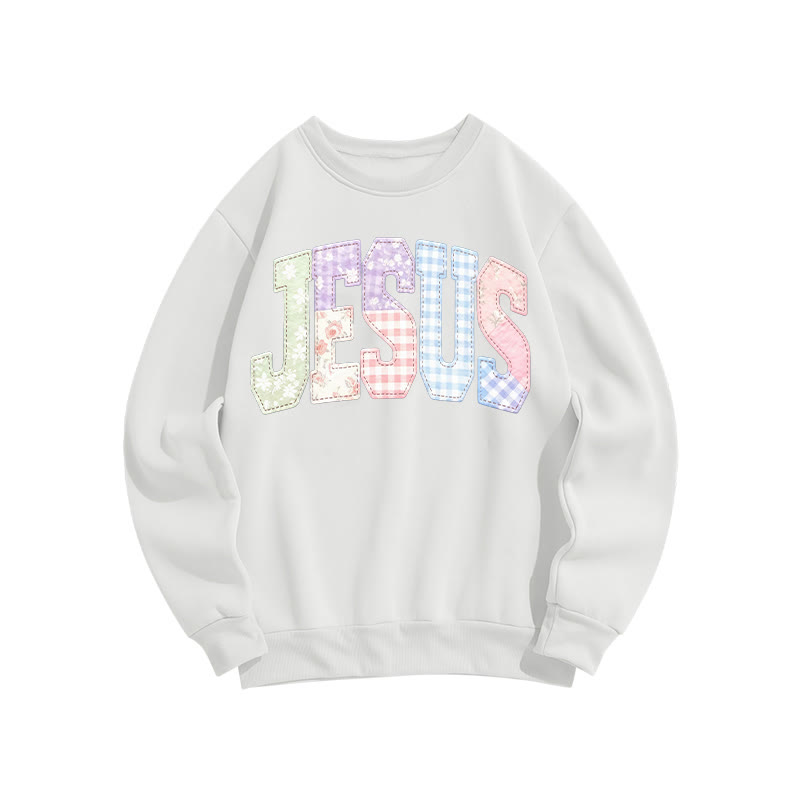Christian Sublimation Jesus Faux Embroidered Patchwork Print Sweatshirt - White - US16-18(2XL) - image 1