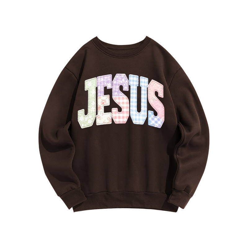 Christian Sublimation Jesus Faux Embroidered Patchwork Print Sweatshirt - Coffee - US16-18(2XL) - image 5