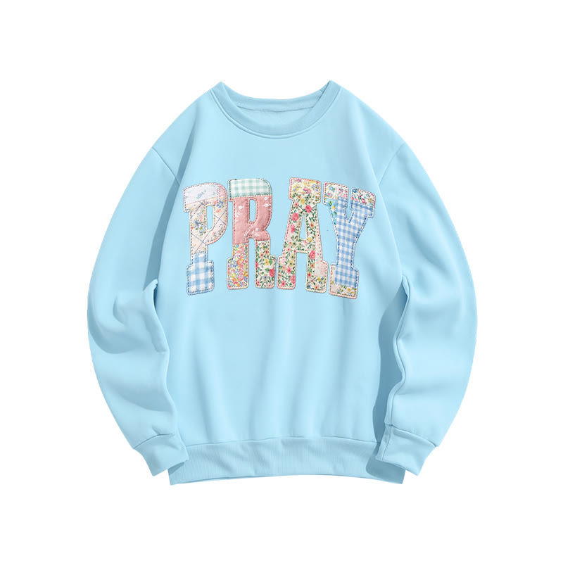 Christian Sublimation Pray Faux Embroidered Patchwork Print Sweatshirt - Light Blue - US16-18(2XL) - image 1