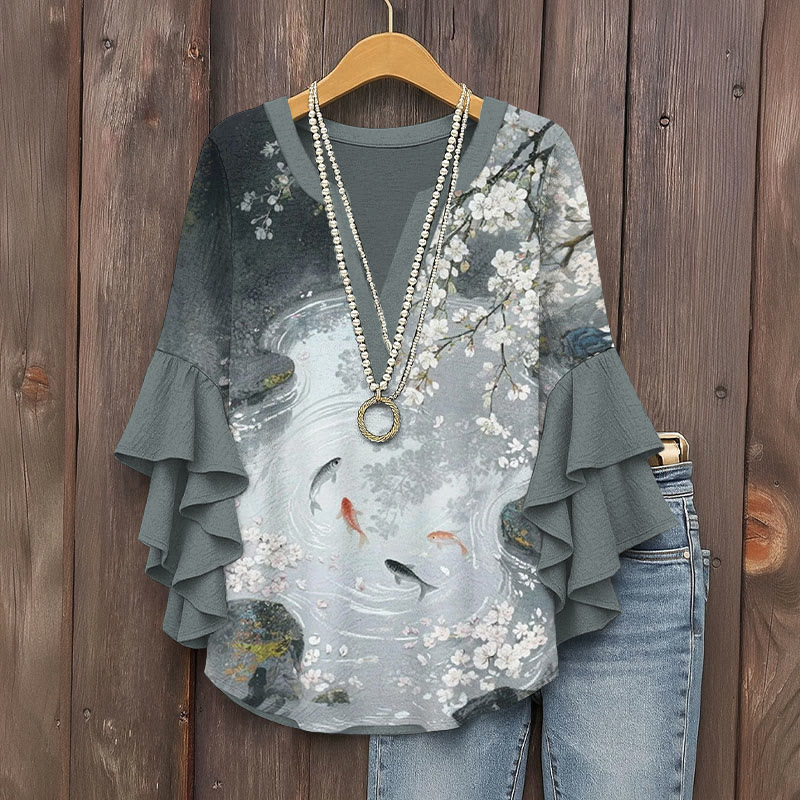 Vintage Japanese Cherry Blossom And Koi Pond Prints Pattern Ink Print V-neck Half Sleeve Blouse - Grey - 5XL - image 1