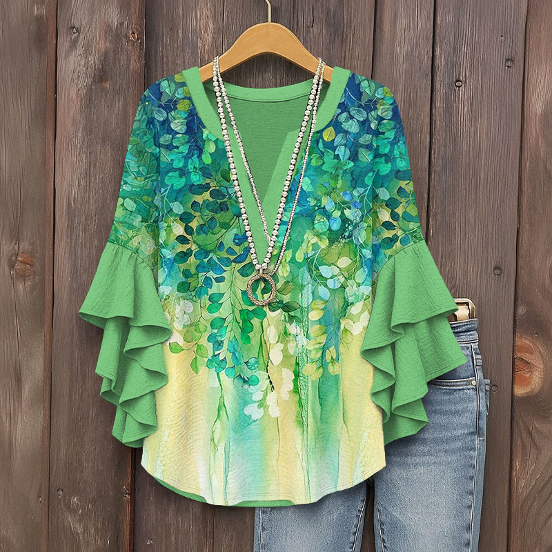 Japanese Green Vine Watercolor Prints Pattern Ink Print V-neck Half Sleeve Blouse - Green - 5XL - image 1