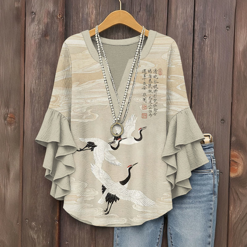 Vintage Crane And Poetry Prints Pattern Ink Print V-neck Half Sleeve Blouse - Apricot - 5XL - image 1