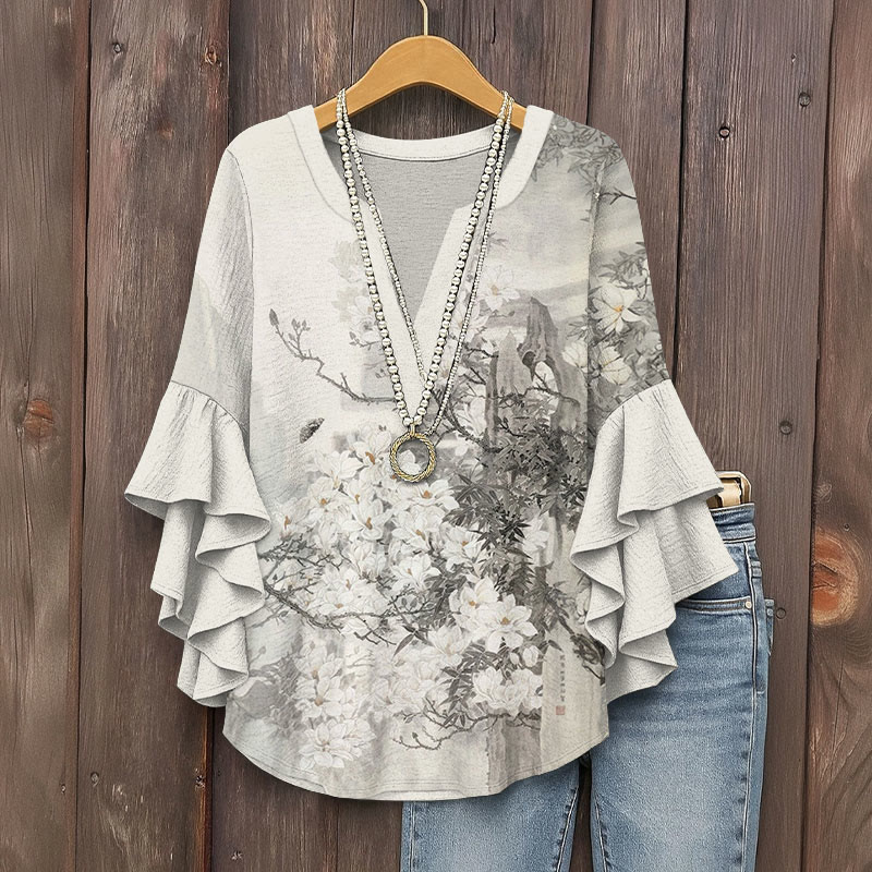 Vintage Zen Flowers And Butterflies Prints Pattern Ink Print V-neck Half Sleeve Blouse - Grey - 5XL - image 1