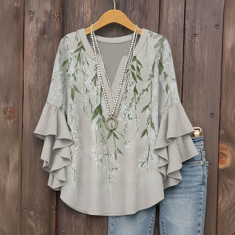 Vintage Vines With Weeping Leaves Prints Pattern Ink Print V-neck Half Sleeve Blouse - Grey - 5XL - image 1