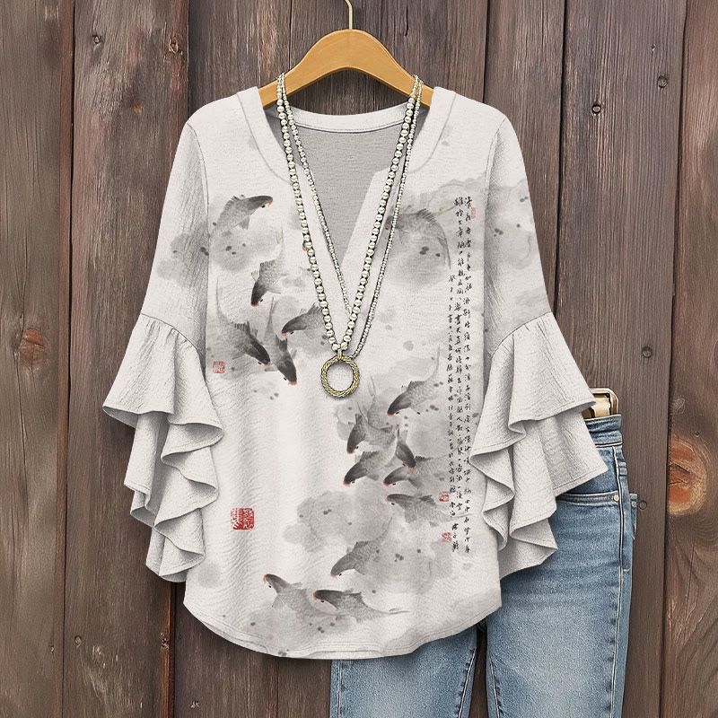 Vintage Ink Painting Of Koi Poems Prints Pattern Ink Print V-neck Half Sleeve Blouse - Grey - 5XL - image 1