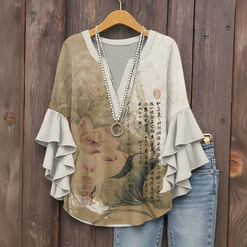 Vintage Distressed Lotus Poem Prints Pattern Ink Print V-neck Half Sleeve Blouse - Apricot - 5XL - image 1