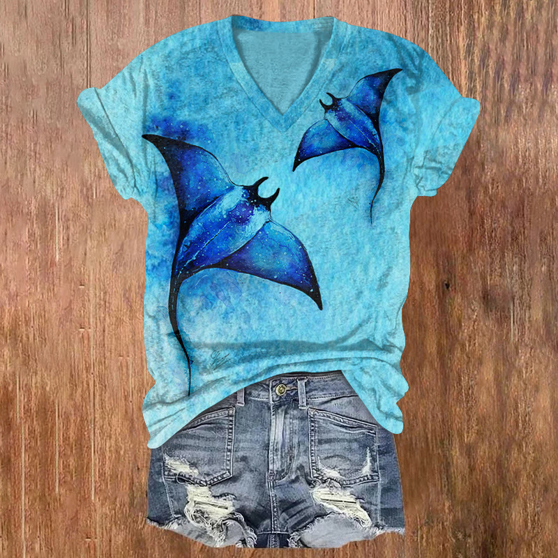 Ocean Manta Watercolor Texture Pattern Print Short Sleeved V-neck T-shirt - Blue - US32-34(5XL) - image 2