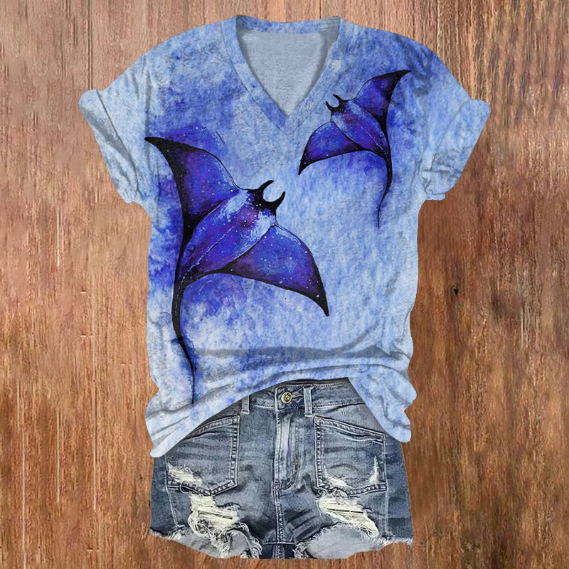 Ocean Manta Watercolor Texture Pattern Print Short Sleeved V-neck T-shirt - Dark Blue - US32-34(5XL) - image 1