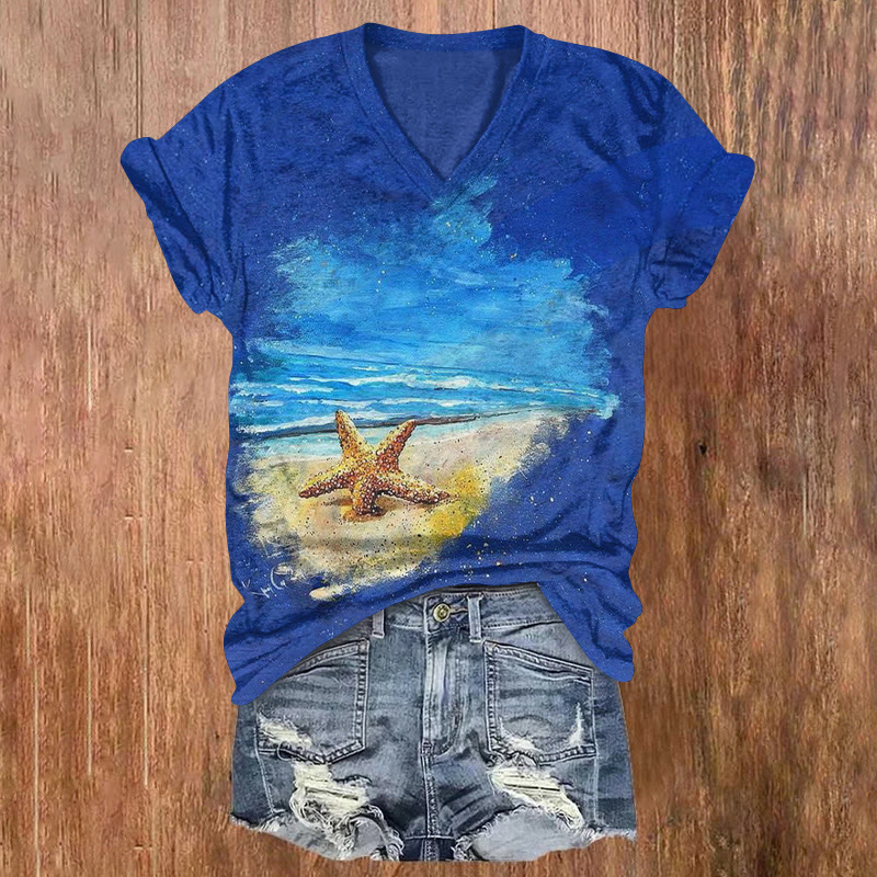 Beach Starfish Vacation Graffiti Texture Pattern Print Short Sleeved V-neck T-shirt - Royal Blue - US32-34(5XL) - image 1